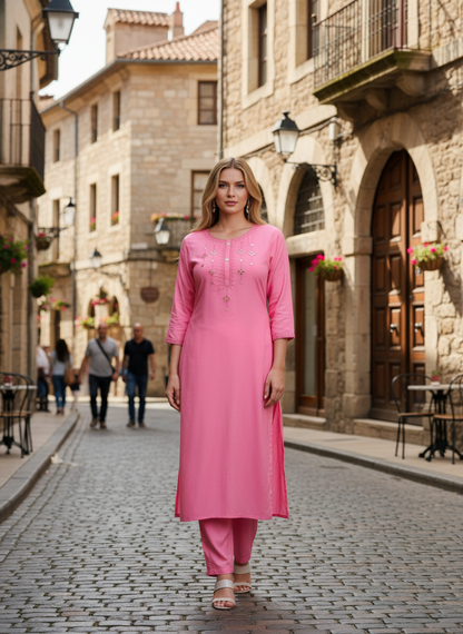 Elegant Baby Pink Solid Kurta Set with Subtle Embellishments