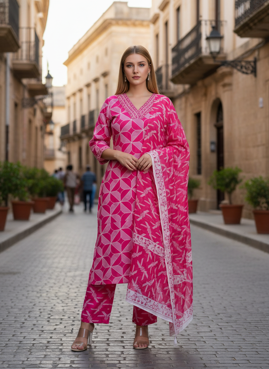 Trendy Pink Geometric Printed Kurta Set with Dupatta