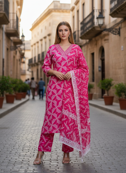 Trendy Pink Geometric Printed Kurta Set with Dupatta