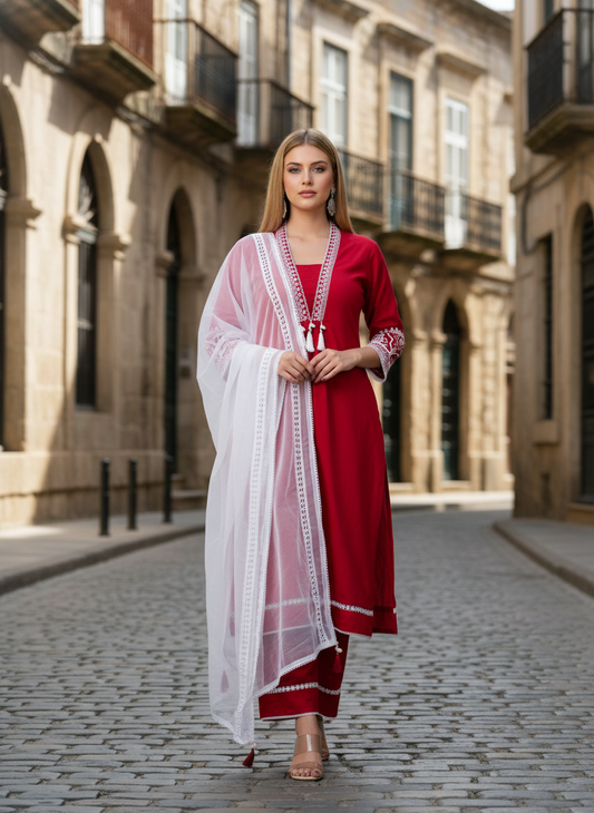 Elegant Red Embroidered Kurta Set with White Dupatta