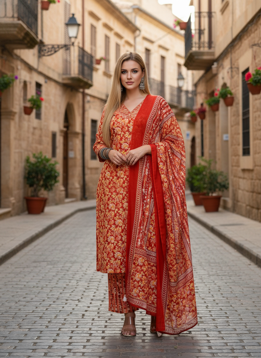 Vibrant Red Floral Printed Kurta Set with Dupatta