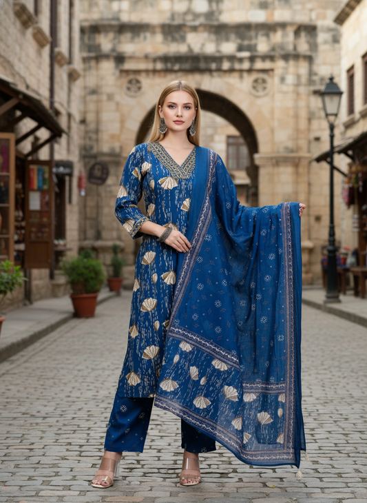 Stylish Blue Printed Kurta Set with Embroidered Neckline & Dupatta