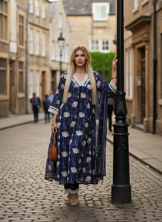 Graceful Navy Blue Printed Kurta Set with Dupatta
