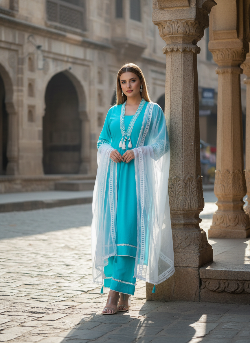 Elegant Aqua Blue Embroidered Kurta Set with Dupatta