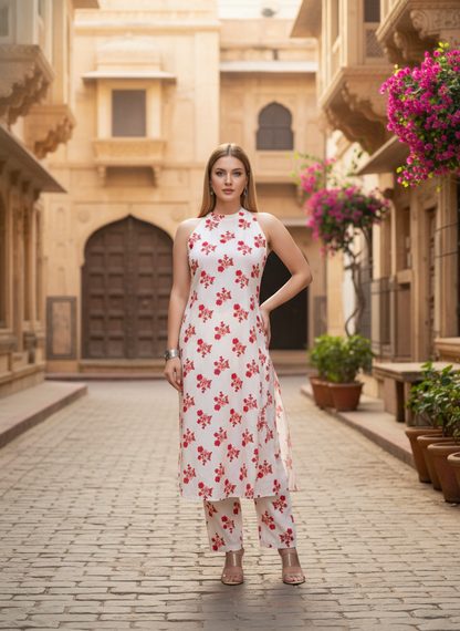 White Sleeveless Floral Print Kurta Set with Pants for Women
