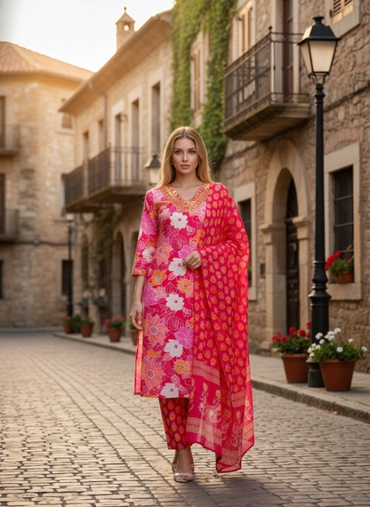 Women's Bright Pink Floral Printed Kurta Set with Dupatta – Festive & Ethnic Wear