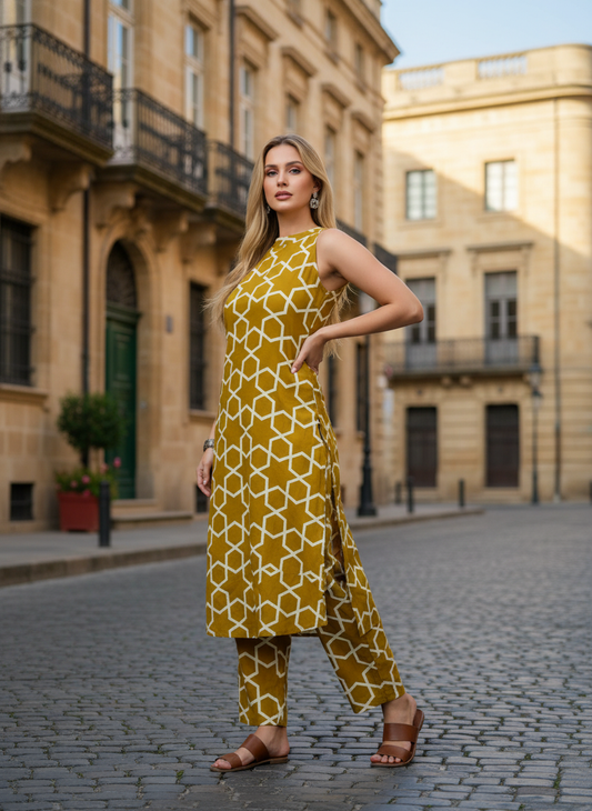 Mustard Yellow Geometric Print Sleeveless Kurta Set for Women