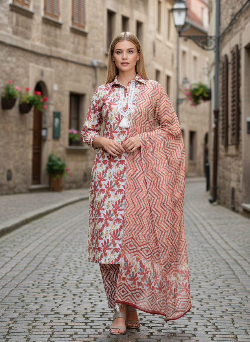Women's White & Red Leaf Print Kurta Set with Chevron Dupatta – Ethnic Wear