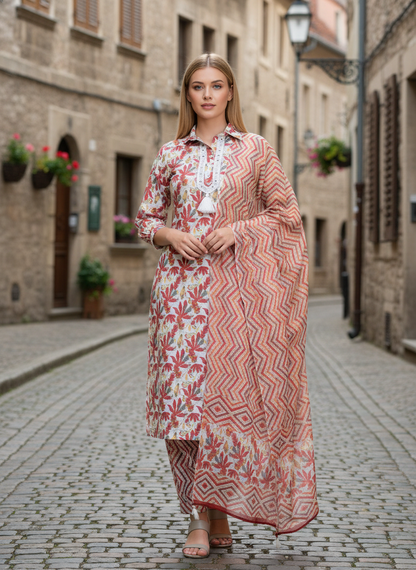 Women's White & Red Leaf Print Kurta Set with Chevron Dupatta – Ethnic Wear