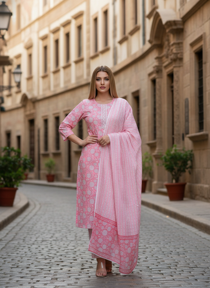 Women's Pink Printed Kurta Set with Dupatta – Elegant Ethnic Wear for Everyday & Festive Looks