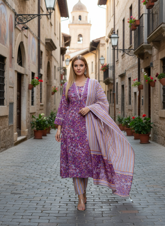 Women's Purple Floral Printed Kurta Set with Dupatta – Ethnic Wear for Festive & Casual Occasions