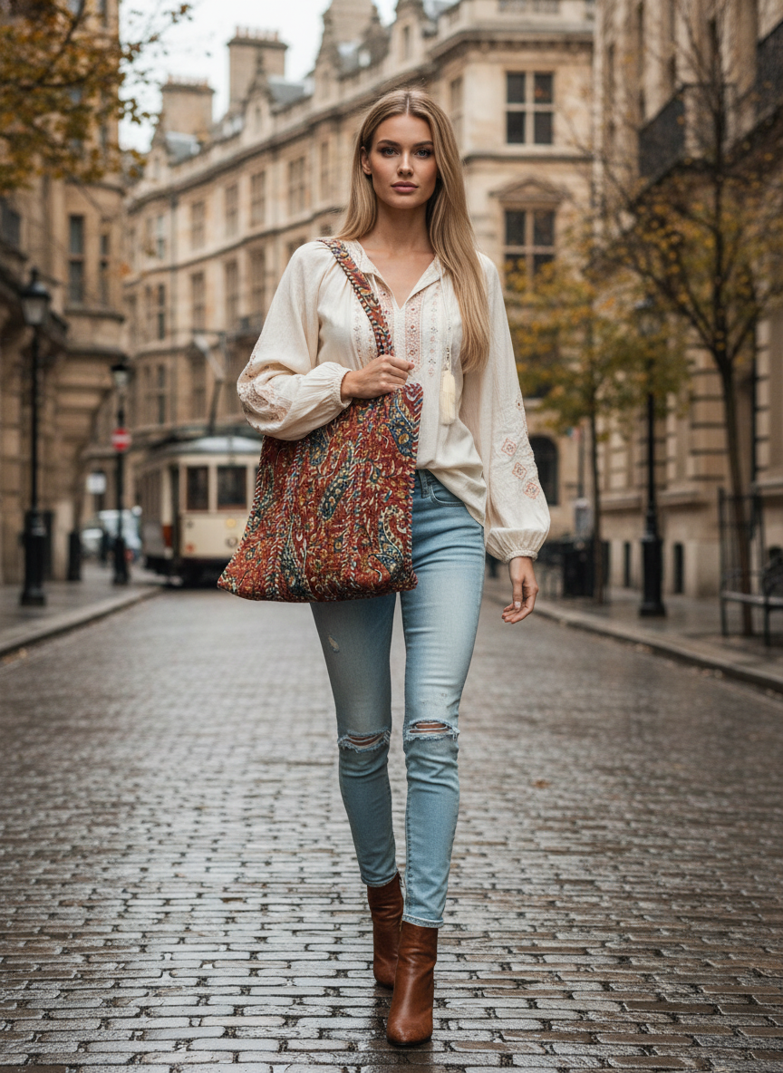 Handcrafted Printed Fabric Tote Bag with Dual Handles