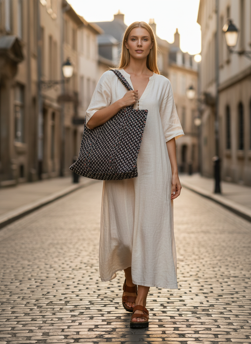 Handcrafted Printed Fabric Tote Bag with Dual Handles