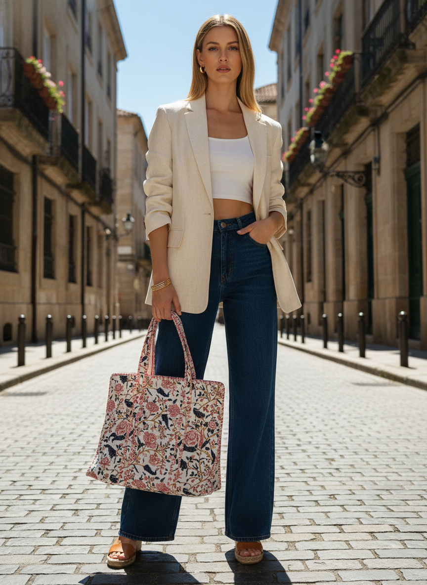Handcrafted Printed Fabric Tote Bag with Dual Handles