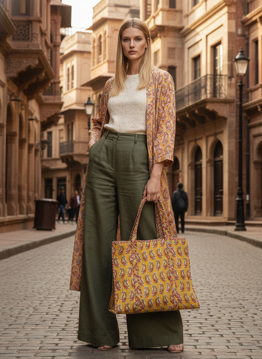 Handcrafted Printed Fabric Tote Bag with Dual Handles