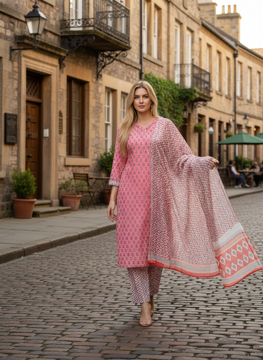 Women Pink Pure Cotton Printed Kurta with Trousers & Dupatta