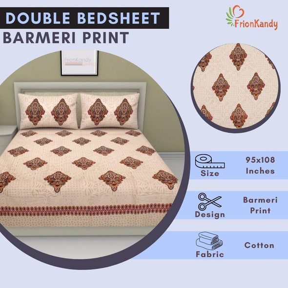 Blue Barmeri Traditional Buta Print King Size Double Bed Sheet - Frionkandy