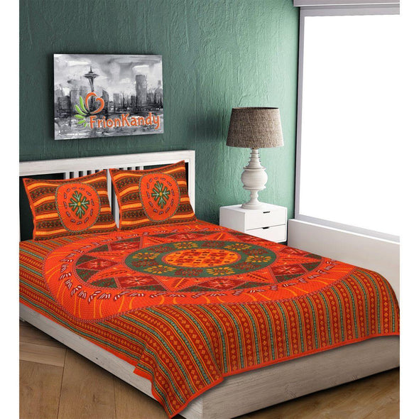 Orange Kantha Hand Work 240 TC Cotton Double Bed Sheet With 2 Pillow Covers (AKDB1001) - Frionkandy