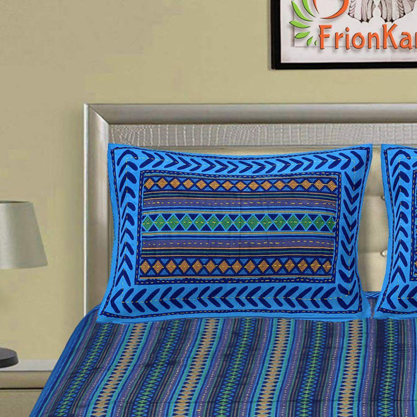 Blue Kantha Hand Work 240 TC Cotton Double Bed Sheet With 2 Pillow Covers (AKDB1002) - Frionkandy