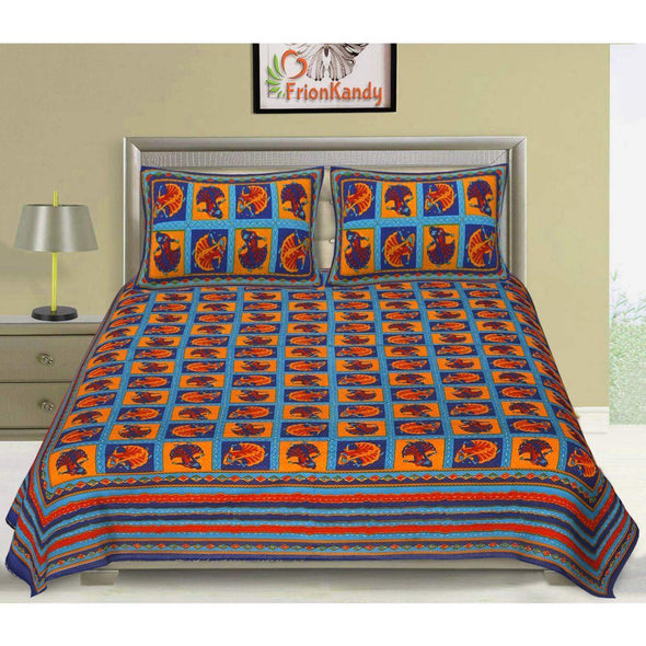 Blue Kantha Hand Work 240 TC Cotton Double Bed Sheet With 2 Pillow Covers (AKDB1003) - Frionkandy