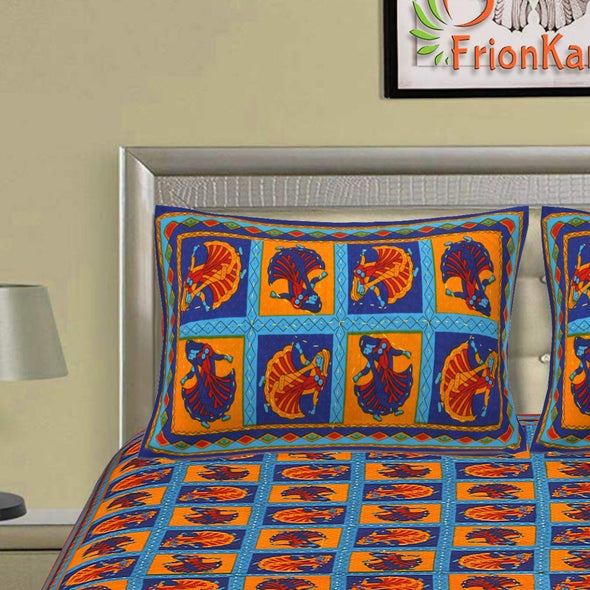 Blue Kantha Hand Work 240 TC Cotton Double Bed Sheet With 2 Pillow Covers (AKDB1003) - Frionkandy