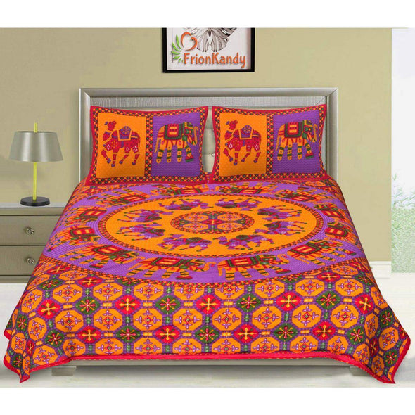 Red Kantha Hand Work 240 TC Cotton Double Bed Sheet With 2 Pillow Covers (AKDB1005) - Frionkandy