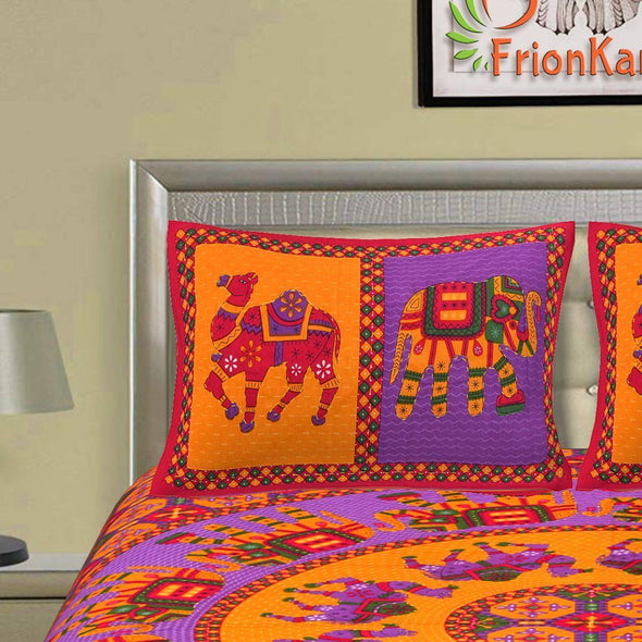 Red Kantha Hand Work 240 TC Cotton Double Bed Sheet With 2 Pillow Covers (AKDB1005) - Frionkandy