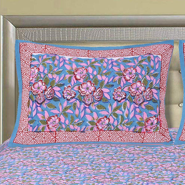Purple Jaipuri Hand Block Print 240 TC Cotton Super King Size Double Bed Sheet with 2 Pillow Covers (ALDB1001) - Frionkandy