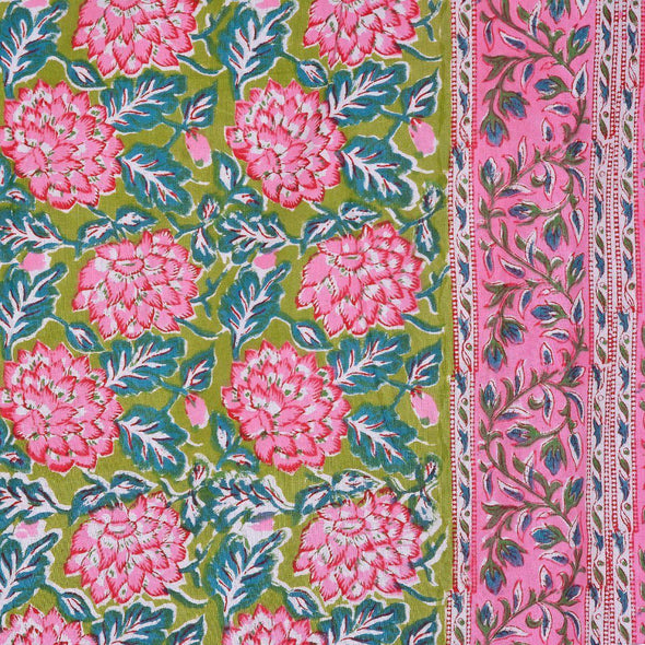 Green Jaipuri Hand Block Print 240 TC Cotton Super King Size Double Bed Sheet with 2 Pillow Covers (ALDB1002) - Frionkandy