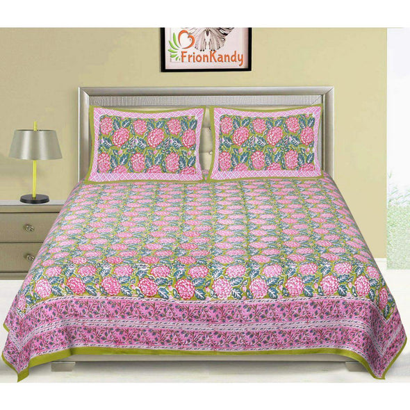 Green Jaipuri Hand Block Print 240 TC Cotton Super King Size Double Bed Sheet with 2 Pillow Covers (ALDB1002) - Frionkandy
