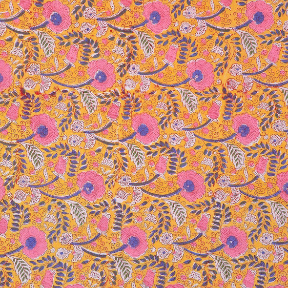 Yellow Jaipuri Hand Block Print 240 TC Cotton Super King Size Double Bed Sheet with 2 Pillow Covers (ALDB1003) - Frionkandy