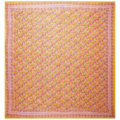 Yellow Jaipuri Hand Block Print 240 TC Cotton Super King Size Double Bed Sheet with 2 Pillow Covers (ALDB1003) - Frionkandy