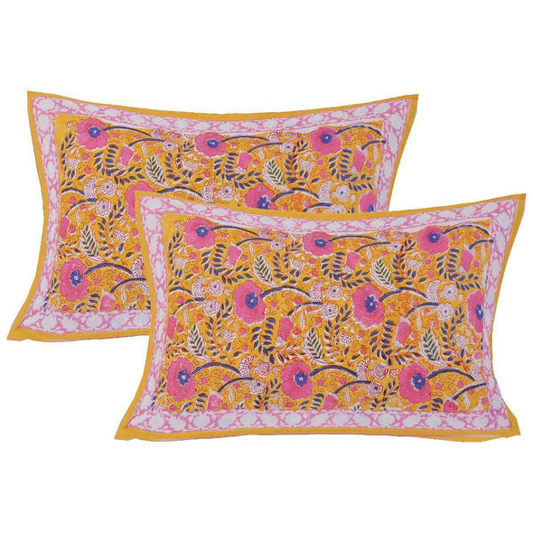 Yellow Jaipuri Hand Block Print 240 TC Cotton Super King Size Double Bed Sheet with 2 Pillow Covers (ALDB1003) - Frionkandy