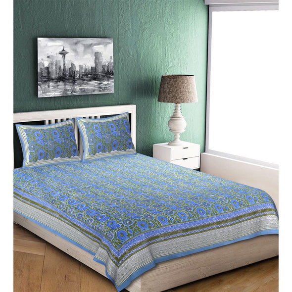 Blue Jaipuri Hand Block Print 240 TC Cotton Super King Size Double Bed Sheet with 2 Pillow Covers (ALDB1004) - Frionkandy