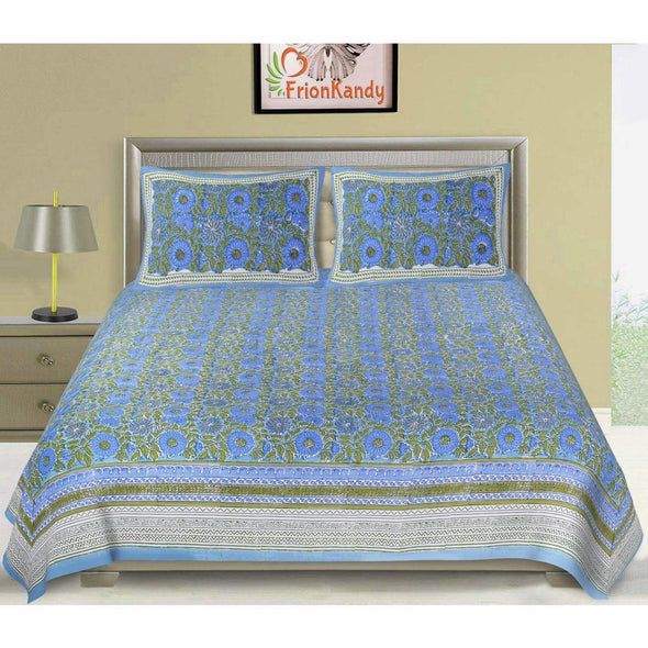 Blue Jaipuri Hand Block Print 240 TC Cotton Super King Size Double Bed Sheet with 2 Pillow Covers (ALDB1004) - Frionkandy