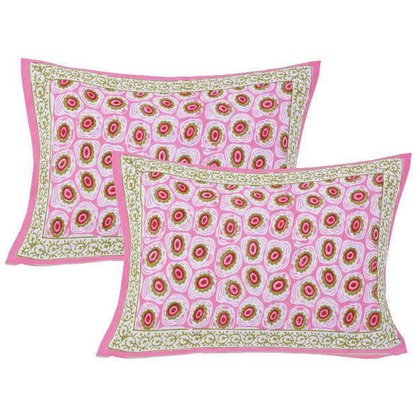 Pink Jaipuri Hand Block Print 240 TC Cotton Super King Size Double Bed Sheet with 2 Pillow Covers (ALDB1005) - Frionkandy