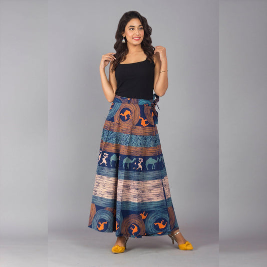 Turquoise Orange Ethnic Print Maxi Skirt - Frionkandy