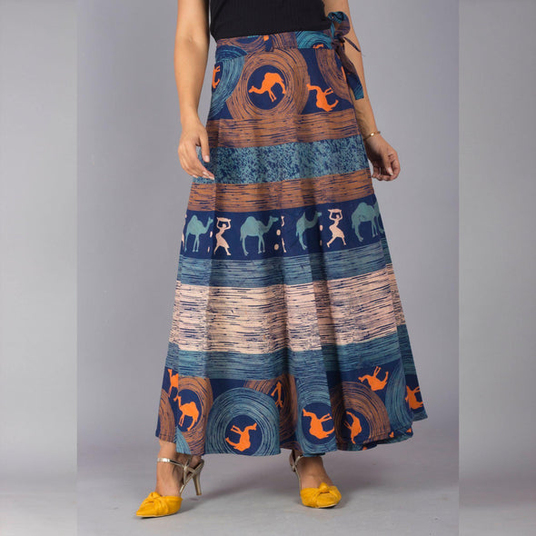 Turquoise Orange Ethnic Print Maxi Skirt - Frionkandy
