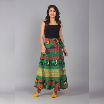 Green Orange Ethnic Print Maxi Skirt - Frionkandy