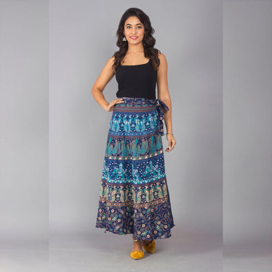 Blue Turquoise Ethnic Print Maxi Skirt - Frionkandy