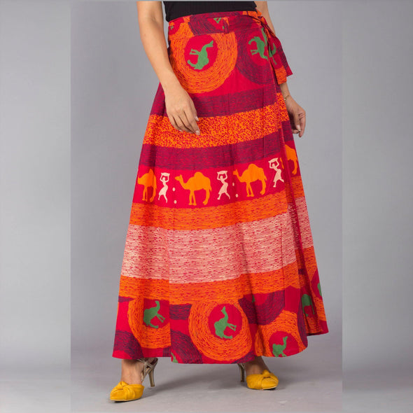Red Orange Ethnic Print Maxi Skirt - Frionkandy