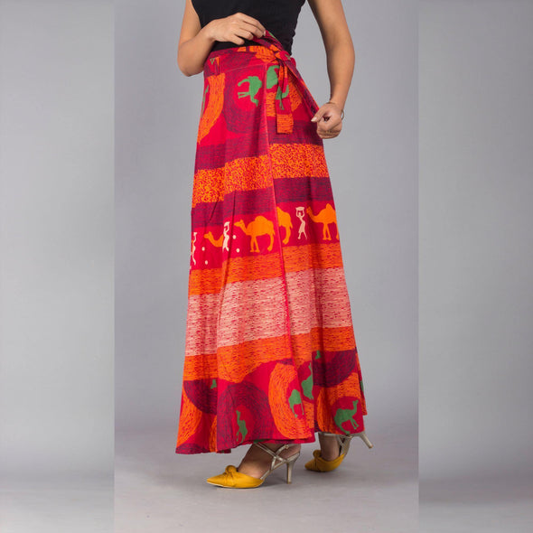 Red Orange Ethnic Print Maxi Skirt - Frionkandy