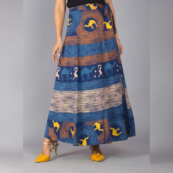 Blue Yellow Ethnic Print Maxi Skirt - Frionkandy