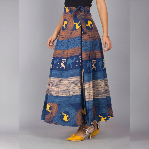 Blue Yellow Ethnic Print Maxi Skirt - Frionkandy