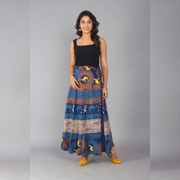 Blue Yellow Ethnic Print Maxi Skirt - Frionkandy