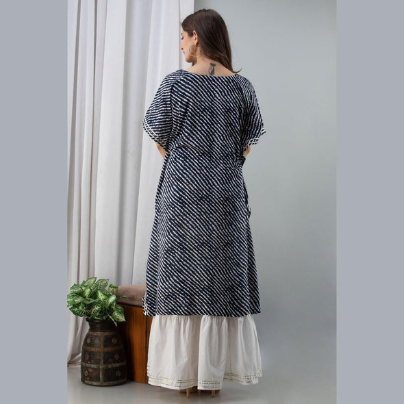 Women's Rayon Navy Blue Lehariya Print Kaftan With Skirt - FrionKandy