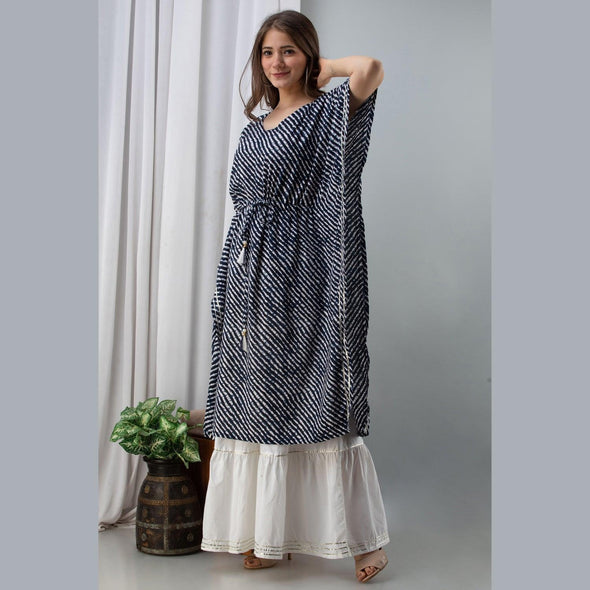 Women's Rayon Navy Blue Lehariya Print Kaftan With Skirt - FrionKandy