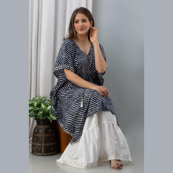 Women's Rayon Navy Blue Lehariya Print Kaftan With Skirt - FrionKandy