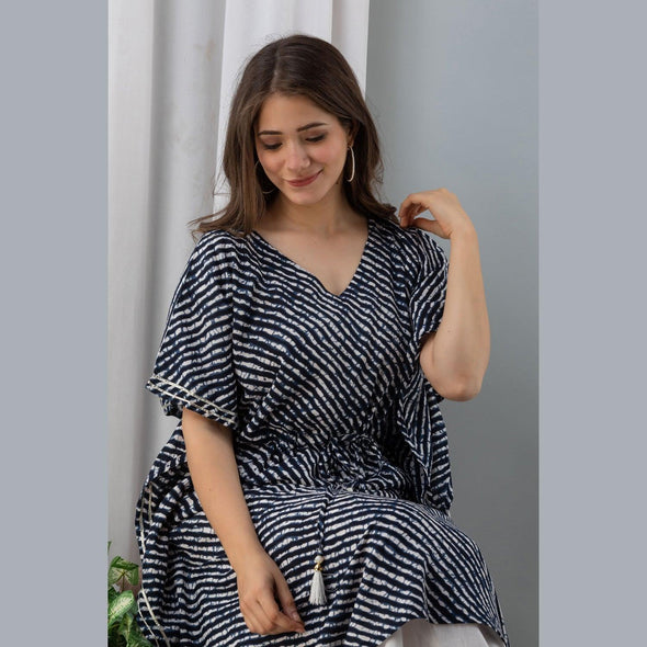 Women's Rayon Navy Blue Lehariya Print Kaftan With Skirt - FrionKandy