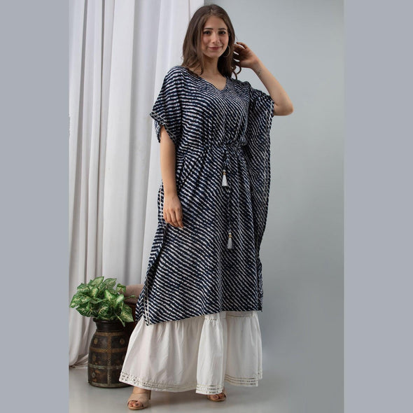 Women's Rayon Navy Blue Lehariya Print Kaftan With Skirt - FrionKandy